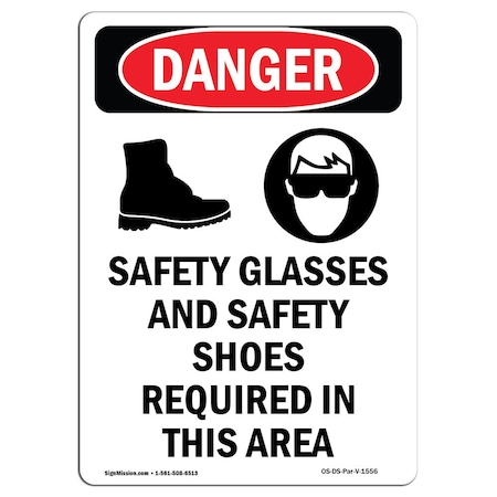 Signmission OSHA Danger Sign, Safety Glasses And, 14in X 10in Aluminum, 10" W, 14" H, Portrait OS-DS-A-1014-V-1556